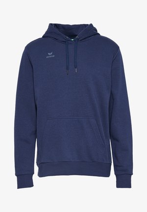 Navyblauer Kapuzenpullover aus weichem Stoff, mit einer Fronttasche, verstellbarem Kapuzenzug und kleinem Logo auf der Brust.