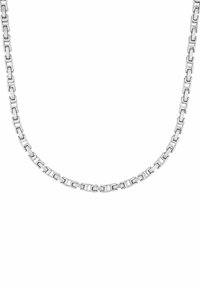 Collana in argento con maglie rettangolari a finitura lucida, uniformemente distribuite per un design elegante e moderno.