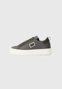 Gray sneaker with a textured upper, olive green accents, white sole, classic lace-up design, and a rectangular logo detail on the side.