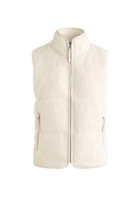 Cremefarbene Sherpa-Fleeceweste mit hohem Kragen, Frontreißverschluss und seitlichen Reißverschlusstaschen, entworfen für Wärme und legere Trageweise.