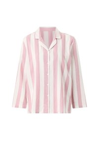 Chemise à rayures boutonnée en rose clair et blanc. Fabriquée dans un tissu léger avec une coupe décontractée et des manches courtes retroussées.