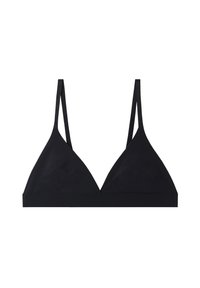 Bralette triangulaire noir avec de fines bretelles réglables et un matériau doux. Design sans coutures avec une large bande en bas. Aucune protection ni embellissements.