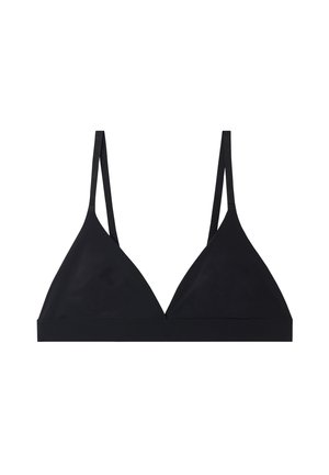 Bralette triangulaire noir avec de fines bretelles réglables et un matériau doux. Design sans coutures avec une large bande en bas. Aucune protection ni embellissements.