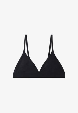 Schwarzer dreieckiger Bralette mit dünnen verstellbaren Trägern und einem weichen Material. Nahtloses Design mit einem breiten Band am unteren Rand. Keine Polsterung oder Verzierungen.
