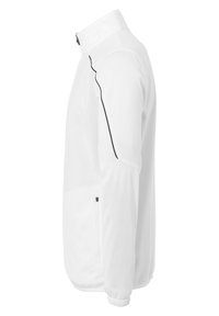 Hvid softshell jakke med høj krave, sidelommer med lynlås og sorte dekorative syninger langs ærmerne. Glat tekstur, strømlinet design.