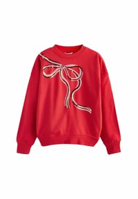 Červená mikina s kulatým výstřihem a dlouhými rukávy, s flitrovým mašlovým motivem v růžové, černé a stříbrné barvě na přední straně.