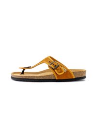 Sandale flip-flop din corduroy galben, cu o cataramă ajustabilă, talpă din plută bej și talpă din cauciuc negru. Design plat cu bareta pentru degetul mare.