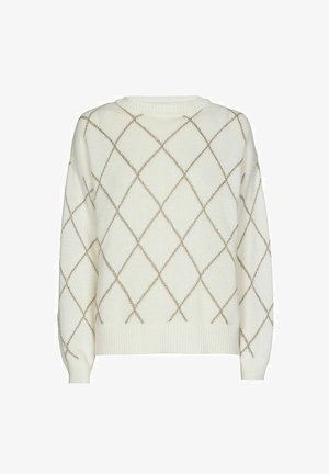 Pull en tricot blanc avec un motif en losanges beige, col ras du cou, manches longues, et bords côtelés.