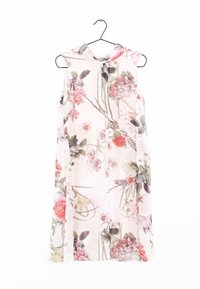 Robe sans manches à fleurs en tissu léger et translucide. Présente un motif floral rose et vert avec un col montant et des détails à boutons.