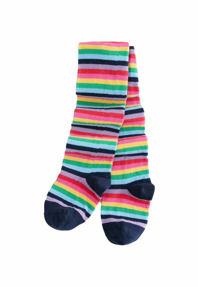 Bunte gestreifte Socken mit abwechselnden Bändern in Pink, Grün, Gelb und Blau. Dunkelmarineblaue Akzente an Zehen und Fersen.