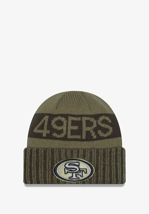 Khaki knitted beanie with brown stripes. Features "49ERS" text and an embroidered oval logo with "SF." Soft texture, fitted design.