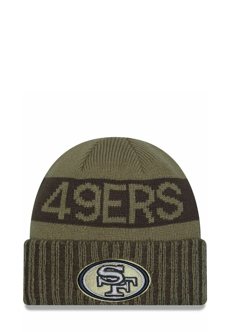 Khaki knitted beanie with brown stripes. Features "49ERS" text and an embroidered oval logo with "SF." Soft texture, fitted design.