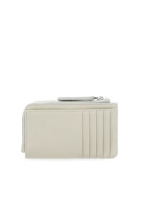 Light gray leather wallet with a zip closure, featuring multiple card slots and a smooth texture. Compact and rectangular shape.