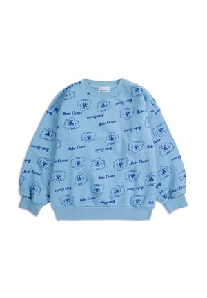 Lyseblå langærmet sweatshirt med mørkeblå tegneserie-fåreansigter over det hele og tekstmønstre med "Bobo Choses".