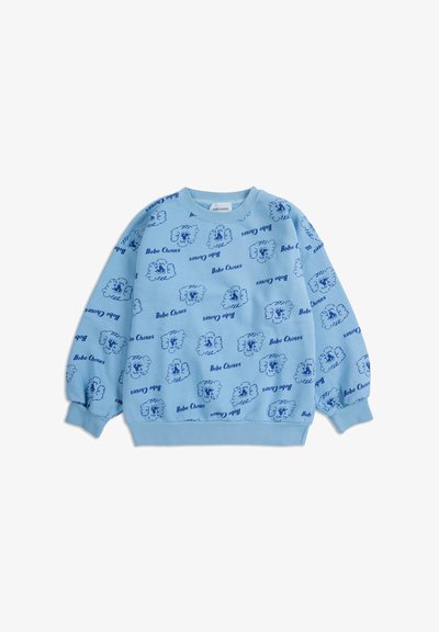 Sweatshirt à manches longues bleu clair avec des motifs de visages de moutons dessinés en bleu foncé et le texte "Bobo Choses" en motif.