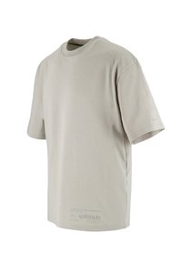Light gray short-sleeve T-shirt made of cotton, featuring a round neck, a relaxed fit, and printed branding on the lower front.