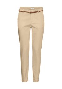 Beige skreddersydde bukser med slim fit, utstyrt med et brunt belte. Passer til uformelle eller smart-casual anledninger.