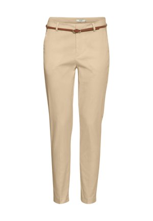 Beige housut, joissa on slim fit -leikkaus ja ruskea vyö. Sopii rentoihin tai siisteihin tilaisuuksiin.