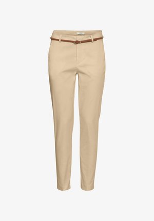 Beżowe dopasowane spodnie z slim fit, z brązowym paskiem. Odpowiednie na casualowe lub smart-casualowe okazje.