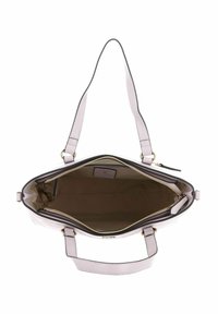 Sac à main en cuir rose avec double poignée, fermeture éclair et intérieur spacieux doublé comprenant une poche zippée et des compartiments organisateurs.