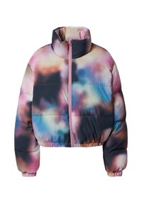 Kort pufferjack in multicolore abstract patroon met roze accenten, met een hoge kraag en elastische manchetten en zoom. Waterdicht materiaal.