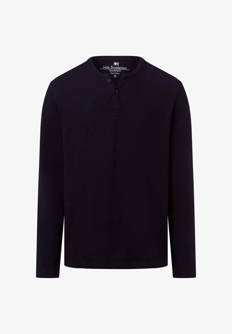 Navy blauwe katoenen shirt met lange mouwen, een geribbelde textuur, een knoopsluiting aan de henley-halslijn en een rechte zoom.