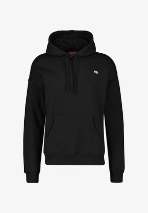 Felpa nera in misto cotone, con tasca frontale, cappuccio regolabile tramite cordino e dettaglio del logo sul petto. Polsini e orlo a costine.