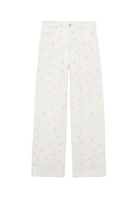 Pantalons larges blancs en denim, ornés d'un motif floral léger orange sur l'ensemble et dotés de poches avant. Boutons à la taille pour la fermeture.