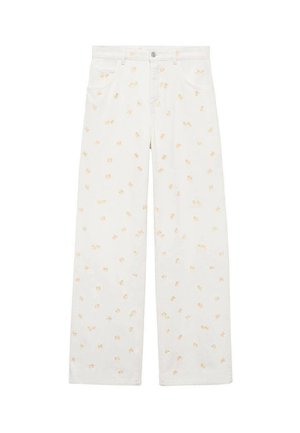 Pantaloni bianchi a gamba larga in denim, con un motivo floreale arancione chiaro su tutta la superficie e tasche frontali. Chiusura con bottoni in vita.