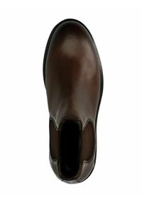 Stivale alla caviglia in pelle marrone con punta arrotondata, lati elastici e una finitura liscia. Presenta una fodera in tessuto marrone e una suola robusta.