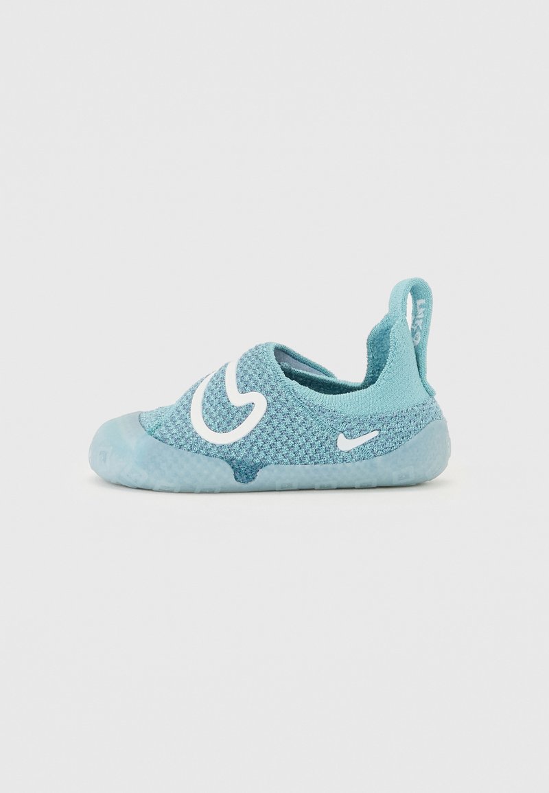 Aquamarine slip-on shoe with mesh upper, white logo accents, cushioned heel, and translucent rubber sole. Lightweight design for easy wear.