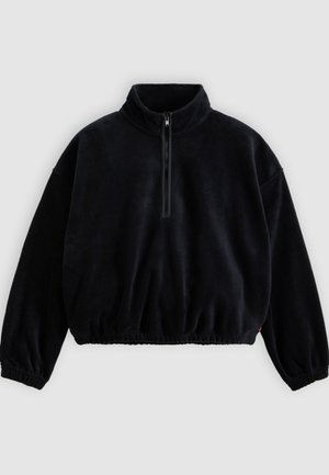 Pulover negru din fleece cu guler cu fermoar pe jumătate, umeri căzuți și tiv elasticizat. Textură moale, mâneci lungi și croială lejeră.