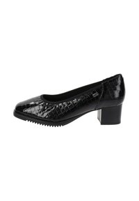 Chaussure à talon bas en cuir verni noir avec un motif crocodile, bout arrondi et semelle texturée pour une meilleure adhérence. Doublure intérieure lisse.