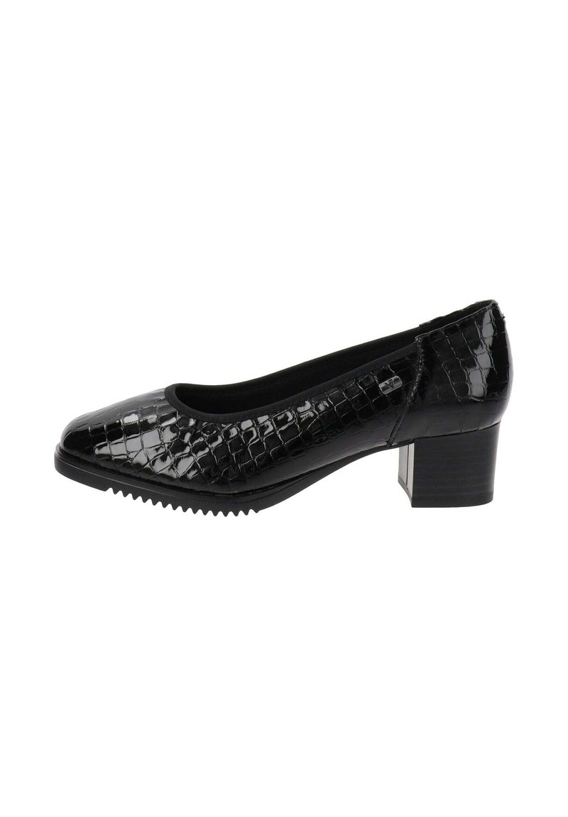 Chaussure à talon bas en cuir verni noir avec un motif crocodile, bout arrondi et semelle texturée pour une meilleure adhérence. Doublure intérieure lisse.