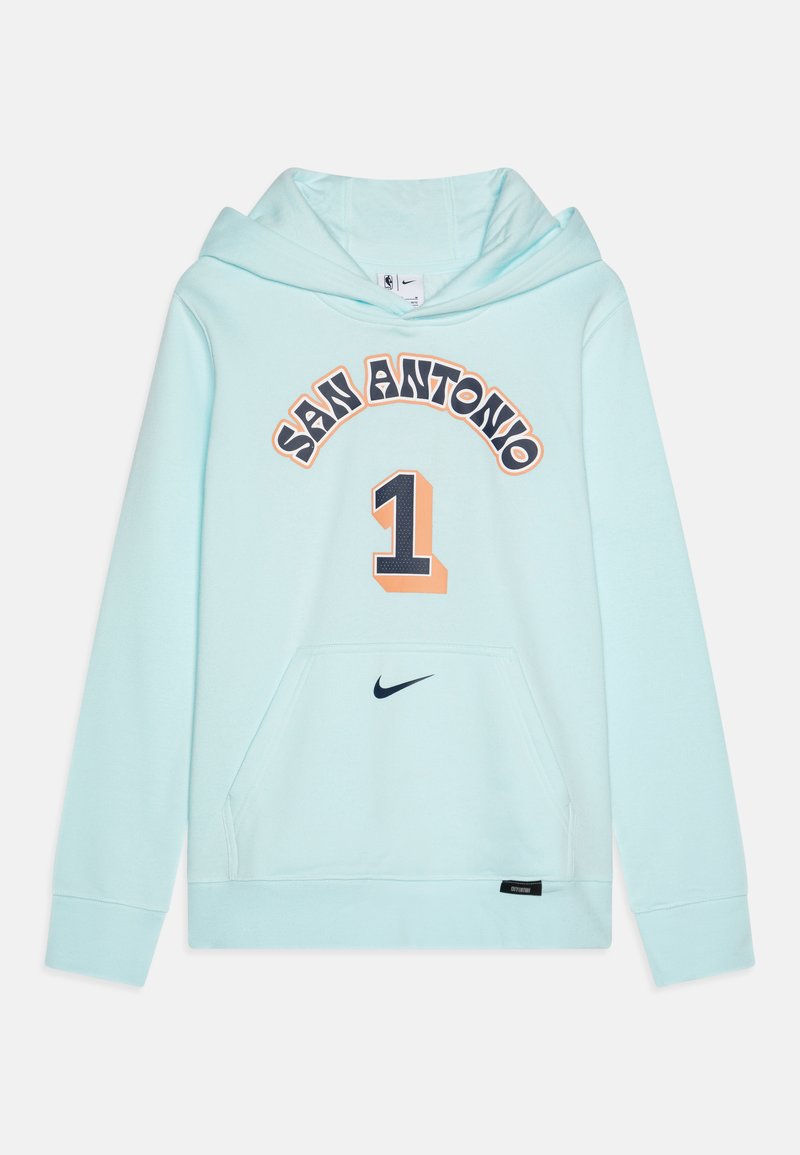 Light blue hoodie with a front pocket, "SAN ANTONIO" graphic in black and orange, and a black Nike logo on the lower front. Soft fabric.