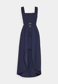 Navy blue dress with a square neckline, belted waist, and flowing skirt that drapes to a longer back. Made from a smooth, textured fabric.