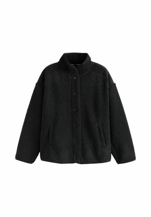 Schwarze Fleecejacke mit strukturierter Oberfläche und glatten Stoffakzenten. Verfügt über einen Stehkragen und einen Knopfverschluss sowie seitliche Taschen.