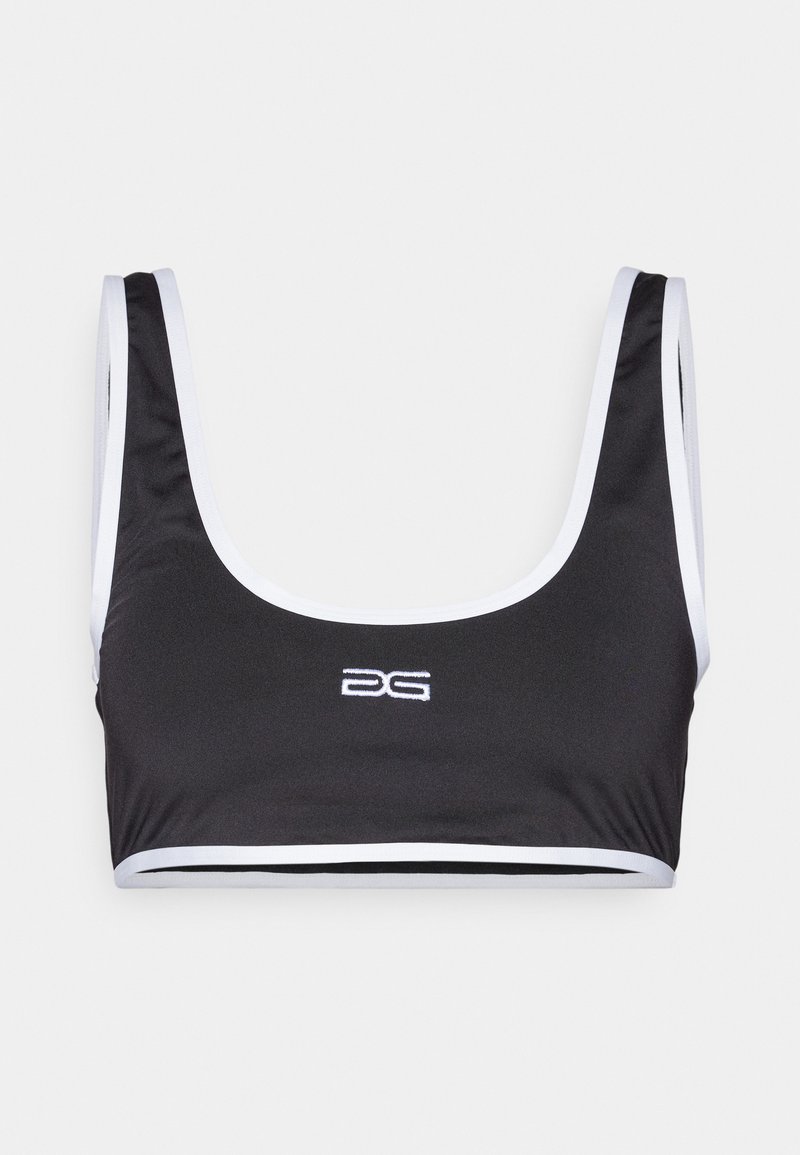Svart sportsbh med hvit kant, brede stropper og firkantet halsutskjæring. Har brodert logo i midten. Glatt, elastisk stoff.