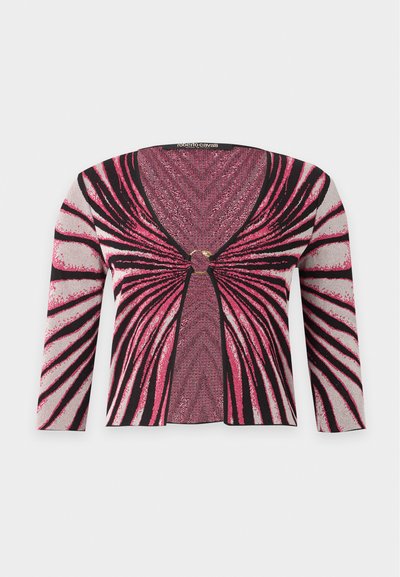 Cardigan à manches longues rose et noire à motifs, avec un col en V profond et une fermeture centrale ronde.