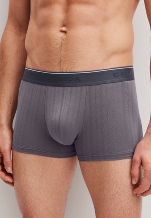 Männlicher Torso, der eng anliegende graue Boxershorts mit vertikalen Streifen und einem dunklen Bund mit der Aufschrift "CALIDA," trägt, vor einem neutralen Hintergrund stehend.