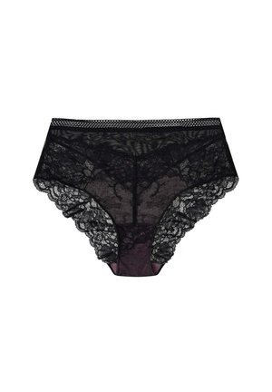 Black lace panties feature a scalloped trim, sheer design, and a solid color backing for contrast. Elastic waistband for a secure fit.