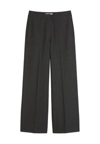 Wijdvallende trousers van donkergrijze stof met verticale streepjes. Bevat een vlakke tailleband en zijzakken. Gladde textuur.