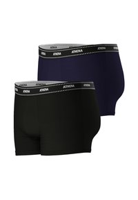 Pack de deux paires de boxers pour hommes. Une paire est noire, l'autre est bleu marine. Comprend une ceinture élastique douce avec le nom de la marque imprimé.