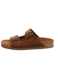 Brown leather slide sandal with two adjustable strap buckles, textured footbed, and a cork midsole, featuring MEPHISTO branding on the side.