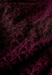 Měkká sametová látka v barvě burgundské s jemně vyšívaným vzorem listů, který se vyznačuje měkkými, vyvýšenými detaily a bohatou, tmavou barvou.