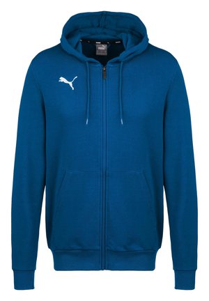 Blauer Kapuzenpullover mit Reißverschluss, Fronttaschen, Kordelzug an der Kapuze und weißem Puma-Logo auf der linken Brust.