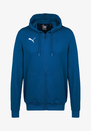 Sweat à capuche zippé bleu avec poches avant, capuche avec cordon de serrage et logo Puma blanc sur le côté gauche de la poitrine.