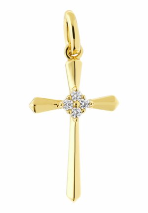 Goldener Kreuzanhänger mit vier kleinen klaren Edelsteinen, die in der Mitte angeordnet sind, mit einer abgerundeten Schlaufe zum Aufhängen an einer Kette.
