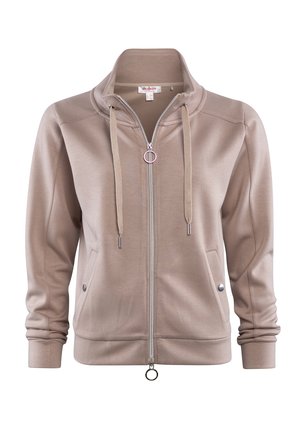 Beige zip-up hoodie with high collar, drawstrings, two front snap button pockets, and ring pull zipper.