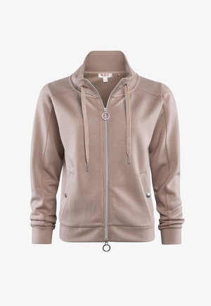 Beige Kapuzenjacke mit Reißverschluss, hohem Kragen, Kordelzügen, zwei vorderen Druckknopftaschen und Reißverschluss mit Ringzug.